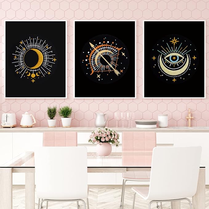 Louise Maelys 3 Pack Celestial Tarot Embroidery Kit Moon Evil Eye | Create Mystic Decor with Cross Stitch Kits. Complete Needlepoint Kit for Beginners Featuring Celestial and Tarot Patterns