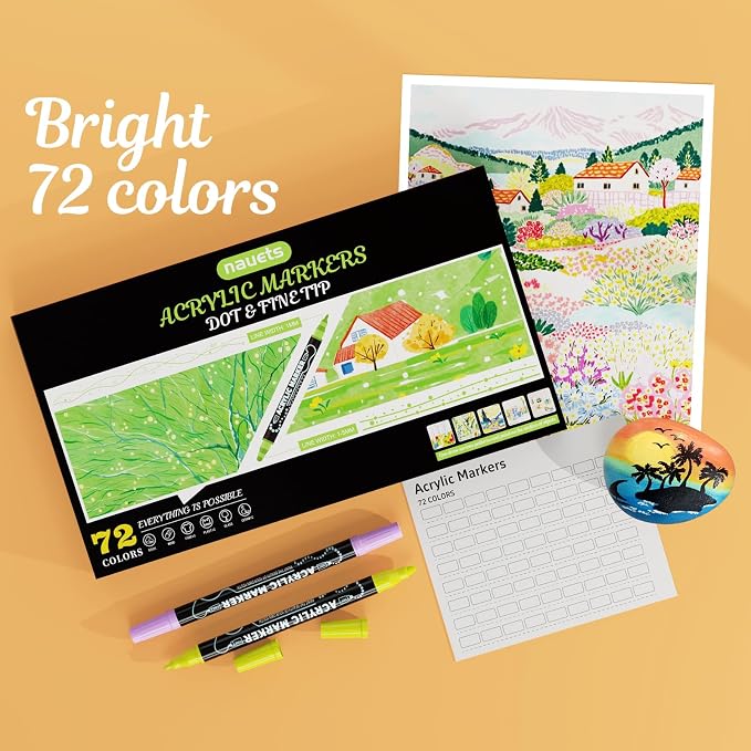nauets 72 Colors Precision Dual Tip Acrylic Paint Markers Pens - Dot & Fine | Works on Rock, Wood, Fabric, Canvas, Glass, Scrapbook, Paper, Ceramic, Egg, DIY Craft Art Gift - Classroom & School Supplies