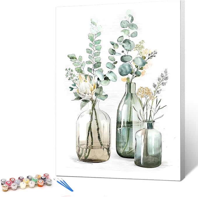 Ginkko Paint by Numbers Kit for Adults Beginner & Kids Ages 8-12 with Wooden Frame Easy Acrylic on Canvas 12x16 inch with Paints and Brushes, Bottle Flower (Include Framed)