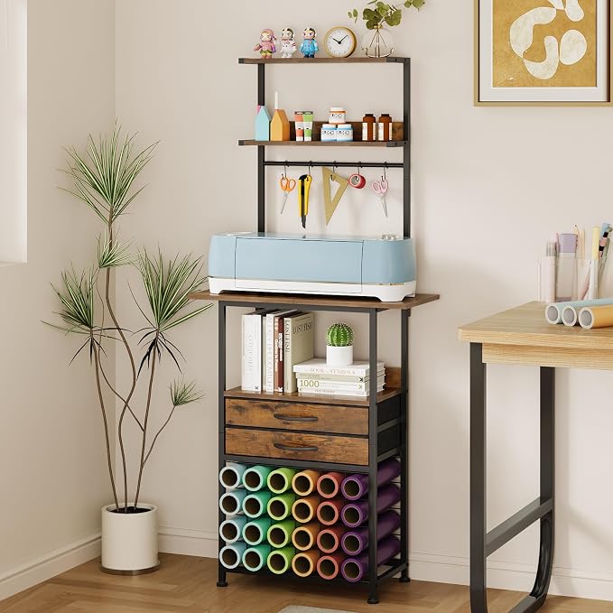 VENNQD Craft Organizers and Storage Cart with Fabric Drawer, Craft Table for Cricut Machines, 4 Tiers Crafting Desk Vinyl Roll Holder, Crafting Table Workstation for Craft Room Home, Rustic Brown