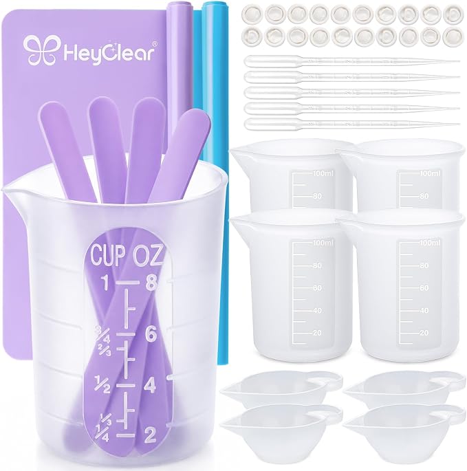 HeyClear Silicone Measuring Cups Kit for Epoxy Resin 250&100ml Mixing Cups | Resin tools with Mats, Stir Sticks, Dropper Pipettes, Finger Cots for Epoxy Resin Crafting, Resin Molds, Jewelry Making