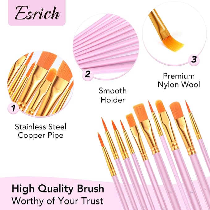 ESRICH 240PCS Pink Paint Brushes, Paint Brush for Acrylic Painting | Artist Paintbrushes for Oil Watercolor, Body Face Rock Canvas, Small Paint Brushes for Kids