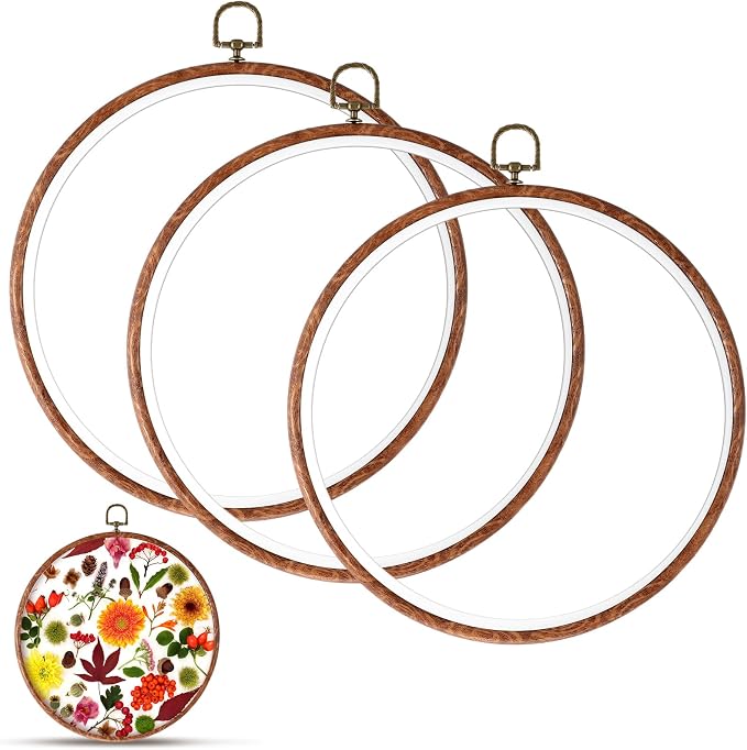 Burbell 3 Pcs 8.7 Inch Pcs Spring Round Embroidery Hoops Frame Circle Rubber Hoops Ring Display Cross Stitch Ornament Imitated Wood Frame Kits for Christmas in July Craft Sewing DIY Hanging Gifts