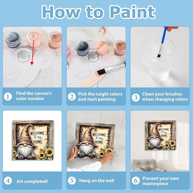 Gnome Paint by Numbers Kit for Adults Beginner, Paint by Numbers 10x10 Inch | Framed Paint by Numbers Kit for Adults Beginner with Easel, Acrylic Painting by Numbers, DIY Crafts for Gifts or Home Decor