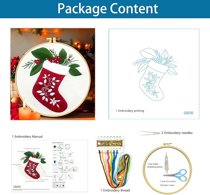 Zhenqing Christmas Stocking Embroidery Kit for Beginners, Red Stocking Needlework Kit with Pre-Printed Fabric, Hoop, Threads & Tools (C0035)
