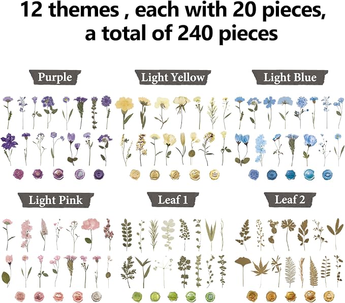 NESSCCI Pressed Flower Themed Stickers (Assorted 240 Pieces,12 Sheets) Scrapbook Supplies,Sticker for Journaling, Dried Floral Resin,Scrapbook Stickers,Junk Journal Sticker