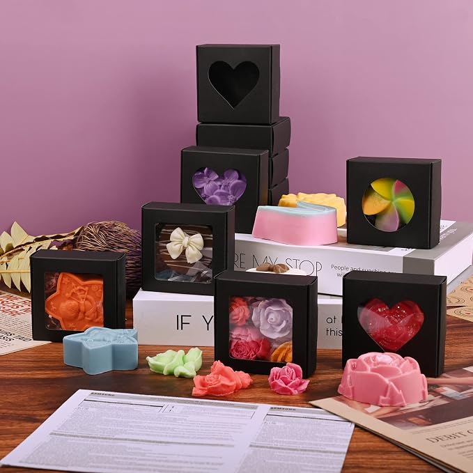Moukiween Soap Boxes for Homemade Soap, Soap Packaging Gift Box with Window | 2.95 X 2.95 X 1.18 Inch Soap Packaging Gift boxes Black with Window, Small Square Soap Wrapping Boxes (30PCS)