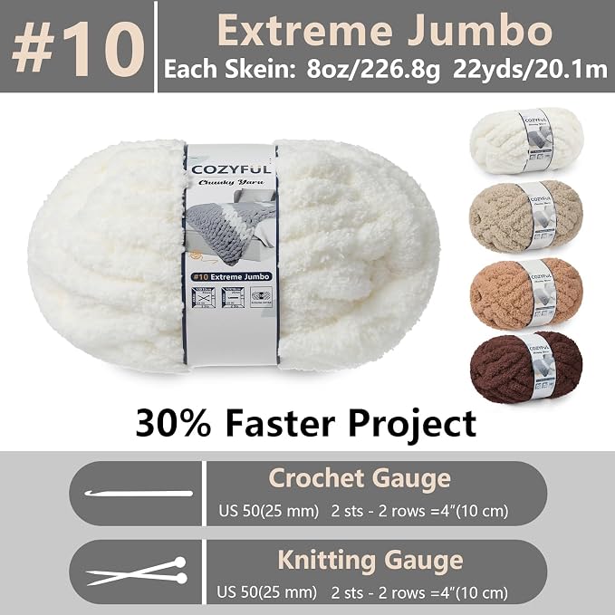 Cozyful Chunky Yarn for Hand Knitting - #10 Chunky Chenille Yarn, Jumbo Big Thick Chunky Yarns for Crocheting, Super Bulky Chunky Knit Blanket Yarns, 8 Skein (22yd, 8oz/Skein), Cream & Multi Coffee