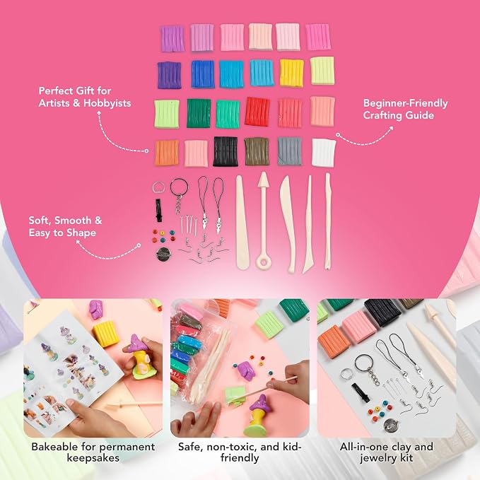 Incraftables Polymer Clay Kit – 24-Color Non-Toxic Oven-Bake Clay Set with Tools, Cutters, Molds, Jump Rings & Keychain Rings for Jewelry, Miniatures & Sculpting