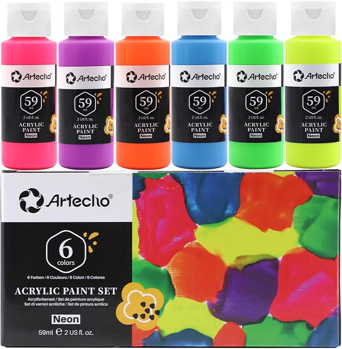 Artecho 6 Neon Colors Acrylic Paint 59ml / 2oz Bottle | Semi Glossy Finish, High Pigment Rich Color Craft Paint for Canvas,Fabric, Non-Toxic