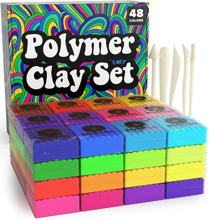 HIPPIE CRAFTER Polymer Clay Kit, 48 Colors Oven Bake Clay, 5 Sculpting Tool | Colored Clay Set, Soft Modeling Compound for Jewelry Making, Beads, Earrings, Pendants, Molds & DIY Crafts, Kids & Adults