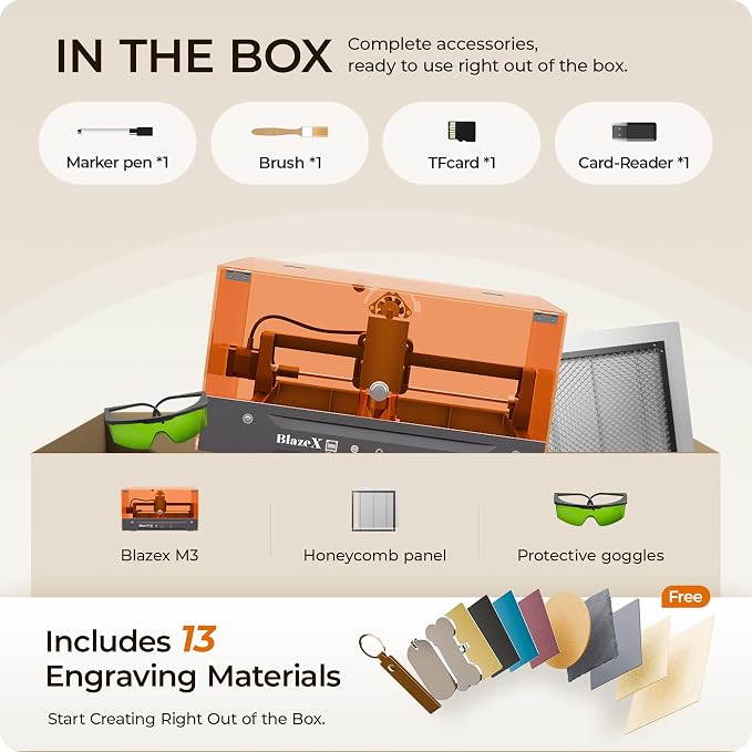BlazeX M3 10W Laser Engraver Machine, 0.01mm Ultra-precision Laser Cutter and Engraver Machine for Wood Metal Glass Leather, Beginner-Friendly, with Enclosure Honeycomb Engraving Materials, Class 1