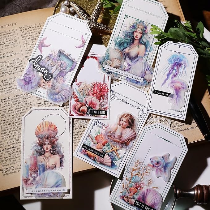 CATaireen Vintage Junk Journal Ephemera Scrapbooking Supplies Translucent Vellum Paper Stickers Card Making Decal Art Aesthetic for Adults (Character Mermaid)