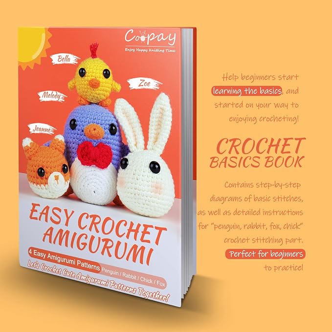 Coopay Crochet Kit for Beginners Adults w/Step-by-Step Tutorial | 4 in 1 Crochet Animal Kit - Penguin, Chick, Rabbit & Fox, Crochet Starter Kit-Include Everything Needed to Start