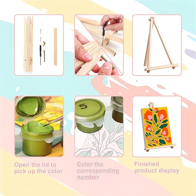 4 Pack Flower Paint by Numbers for Adults with Framed Canvas - Wooden Easel | Easy Flower Paint by Number for Beginners, Flowers Acrylic Oil Painting on Canvas with Brushes for Home Wall Decor 8x12 inch