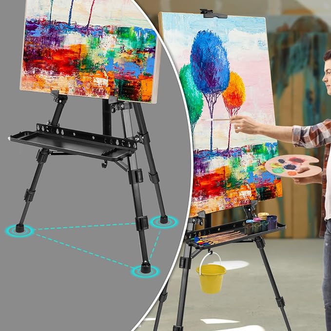 Art Easel Aluminum Alloy Portable Extendable Easel with Hand Crank Adjustable to 61.8 '' Drawing Board Holder, Compass, Level and Storage Bag -for Artists, Painters, Sketching, Outdoor Painting