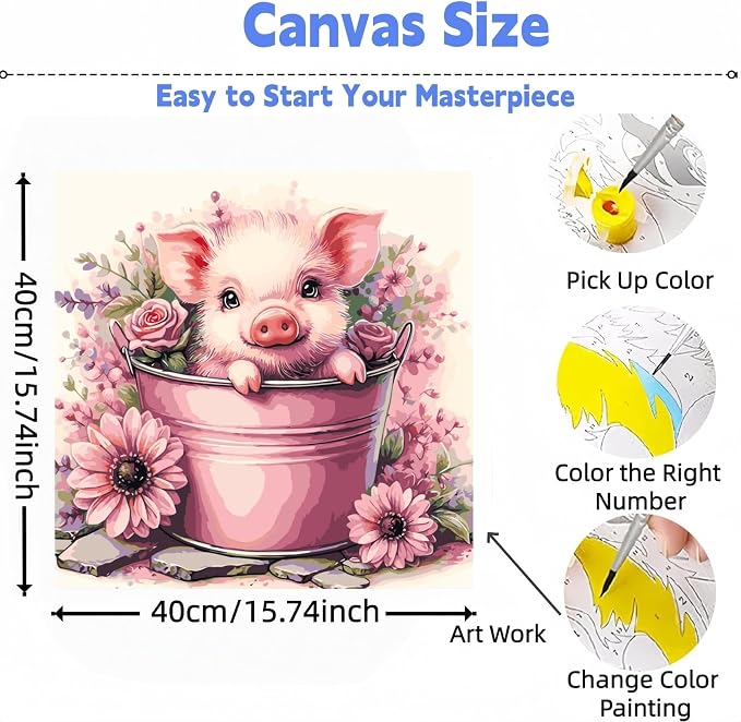 DOTSTART Paint by Numbers Kit for Adults, Cute Pig Paint by Number Kits | Acrylic Paint by Number Canvas for Adult Beginners, Easy DIY Canvas Craft for Relaxing Home Wall Decor, 16X16 inch