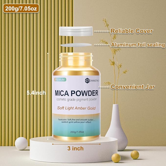Mica Powder,7.05OZ（200g）,Soft Light Amber Gold Mica Powder Pigment for Epoxy Resin，Lip Gloss，Car Paint，Dye，Soap Making，Nail Polish,Epoxy Resin,Candle Making,Bath Bombs