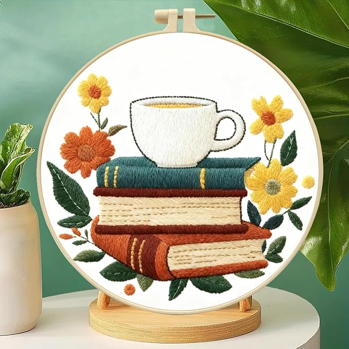 Zhenqing Book Lover Embroidery Kit for Beginners, Coffee & Books Needlework Craft with Pre-Printed Cotton Fabric, Hoop, Threads & Tools, Reading Nook Decor (C0073)