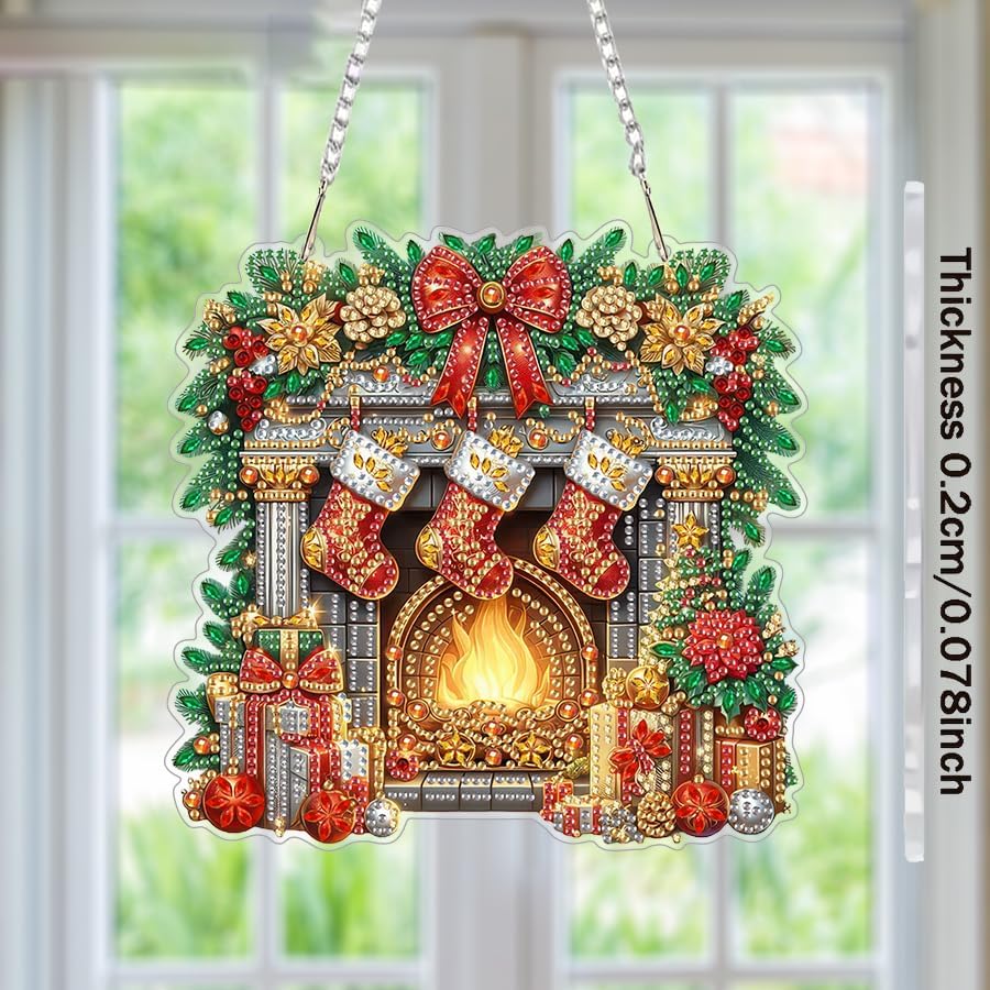EIBEILI Diamond Art Painting Kits Special Shaped Rhinestone 5D Diamond Art Window Pendants Home Garden Wall Hanging Kits Hanging Ornament，Double Sided（Christmas Fireplace ）
