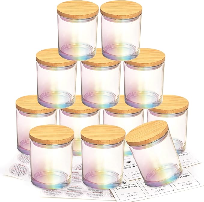 CONNOO 12 Pack 10 OZ Iridescent Glass Candle Jars | Airtight Bamboo Lids Nice Sticky Warning Labels for Candle Making Empty Container Bulk - Dishwasher Safe