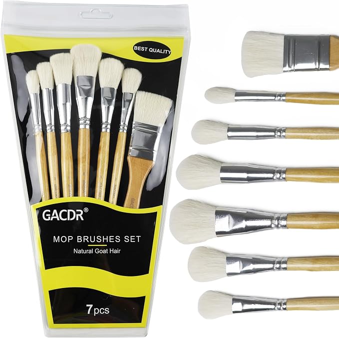 GACDR Gilding Brush Set, 7 Pieces Versatile Goat Hair Blending Mop Brushes for Acrylic Painting Wartercolor Foil Gold Leaf Flakes Sheets