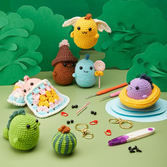 INSCRAFT Crochet Kit for Beginners, 6 Pack Dinosaurs Crochet Animal Kit,Starter Kit with Step-by-Step Video Tutorials, Learn to Crochet Kits for Adults, DIY Knitting Craft Supplies Gift