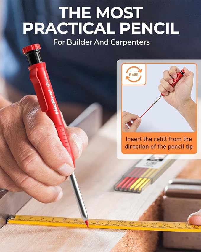Nicpro Carpenter Pencil with Sharpener, 12Pcs Construction Pencil+52 Refill