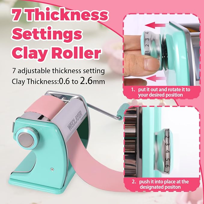 Polymer Clay Press Machine,Clay Roller Machine,Includes Clamp and Hand Crank,Stainless Steel Polymer Clay Tools for Clay Earring Making,7 Adjustable Thickness Setting Clay Pasta Machine-Green
