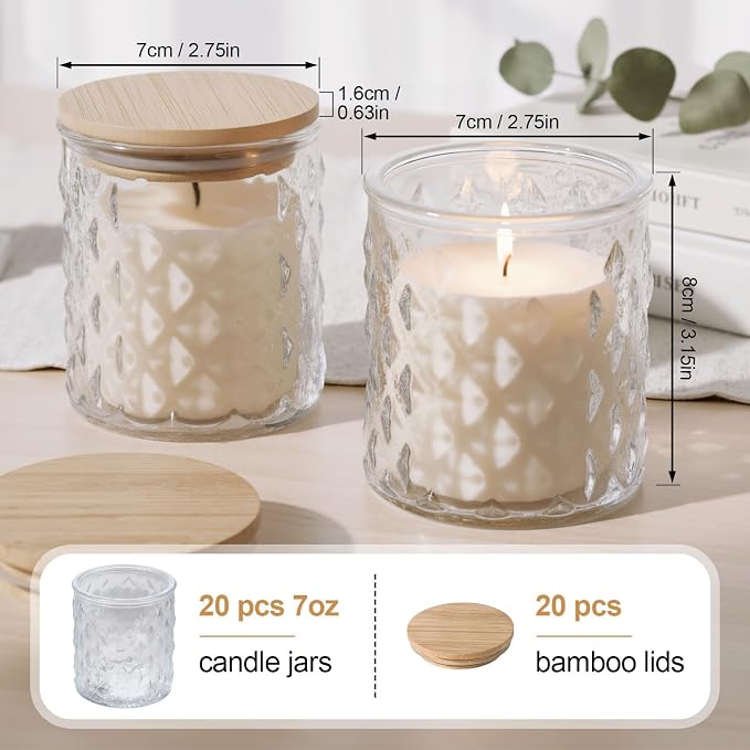 20 Pack Clear Candle Jars for Making Candles 7 oz Empty Glass Candle Holders with Bamboo Lids Cylindrical Container Jars Bulk for DIY, Table Centerpiece, Wedding Party Home Decoration