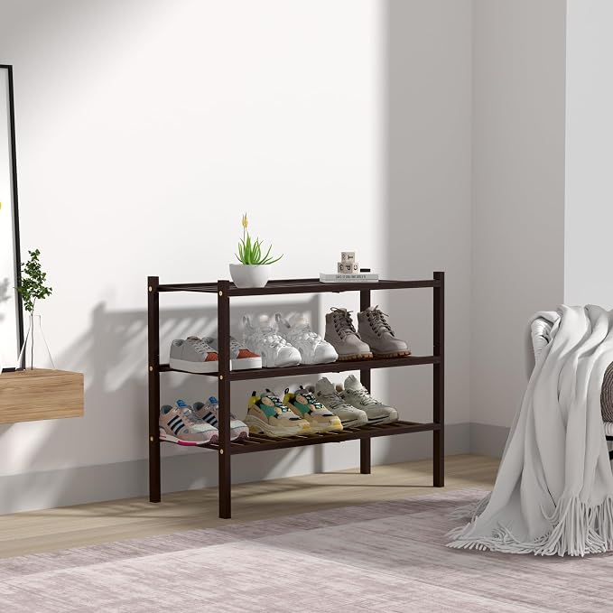 ROMGUAR CRAFT 3 Tier Bamboo Shoe Rack for Closet Free Standing Wood Shoe Shelf for Entryway Small Space Stackable 27"x11"x20" (Brown)