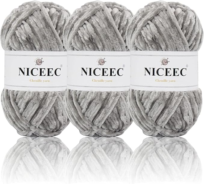 NICEEC 3 Skeins Soft Chenille Yarn 3 x85m (3X 93yds, 3X 50g)_Light Grey