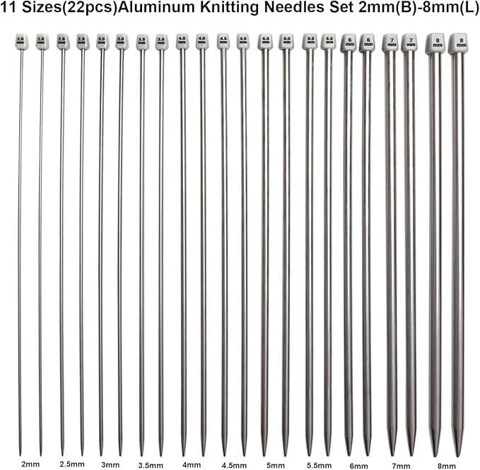 Mdoker Aluminum Knitting Needle Set with Case 22pcs Straight Single Pointed Kniting Needles 13.5inch Length Sweater Needles for DIY Knitting Projects(2mm-8mm) Knitting Set with Accessories