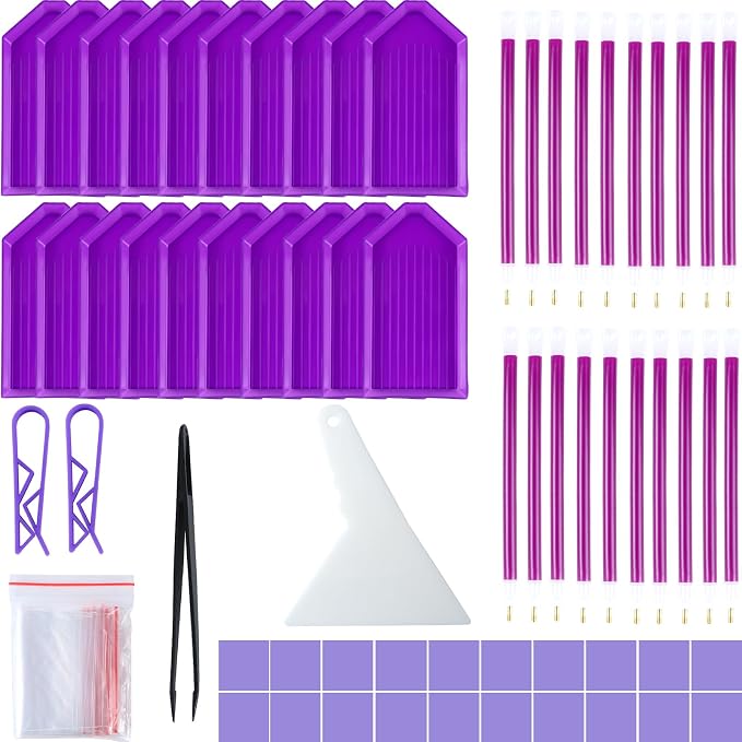 QYING 94PCS 5D Diamond Art Painting Tools and Accessories Kits,with 20 Plastic Diamond Trays,20pcs Glue Clay,20 Diamond Art Painting pens,Non-Slip Clips,tweezer,and Diamond Crreection (Purple)
