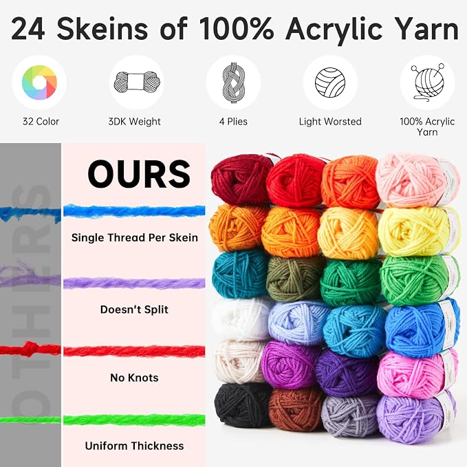 INSCRAFT Crochet Kit for Beginners Adults- Great Knitting Starter Kit for Colorful Craft for Professionals, Make Amigurumi Projects Includes 24 Colors Yarn, Hooks, Instructions, a Durable Bag