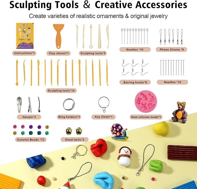 Aestd-ST Polymer Clay Kit 60 Colors, Oven Bake Modeling Clay for Kids | DIY Starter Kit, 20 Sculpting Tools & Accessory, Easy to Shape, Non-Sticky, Colorful, Storage Box, Gift for Kids & Artists