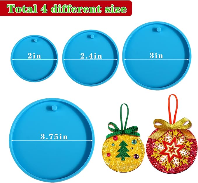 Juome Christmas Ornaments Resin Molds Silicone, Christmas Molds for Epoxy | 4 Pcs Round Shape Pendant Christmas Molds for Epoxy Resin, DIY Crafts Keychain Making Christmas Tree Decorations