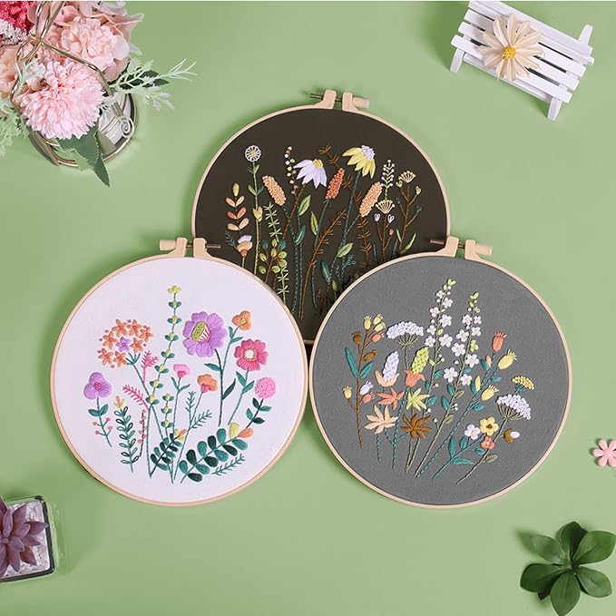 GLTAYLMY 3 Pack Embroidery Starter Kit for Beginners Stamped Cross Stitch Kits with Cute Flowers and Plants Patterns with 1 Embroidery Hoop and Color Threads for Adults