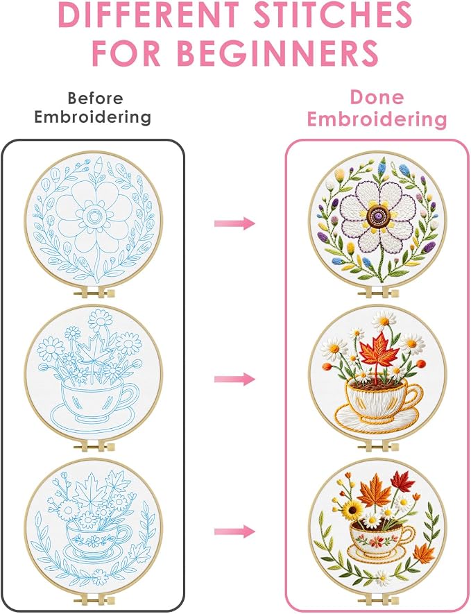 TINDTOP Embroidery Kit for Adult, 3 Pack Embroidery DIY Starter Kit, with Stamped Patterns, Hoop, Tools, Colorful Threads with Needles, Instructions (Flower Cup) | with Stamped Patterns, Hoop, Tools, Colorful Threads with Needles, Instructions (Flower ...