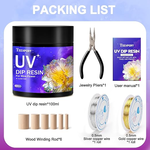 Teexpert UV Resin Dip for Wire Flowers Kit, 100g Crystal Clear UV Dip Resin with Pliers, 2Pcs 31FT Wires for Wire Shapes, Fast Cure Thick Glue for Jewelry Making, Holiday Surprise for DIY Art Crafts