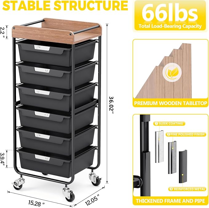 SYKIARIOL Utility Cart with 6 Labeling Drawers and Wooden Tabletop | Rolling Storage Cart for Crafters, Artists, Kids, Teachers, and Students – Organize Arts, Crafts, Sewing & Study Supplies