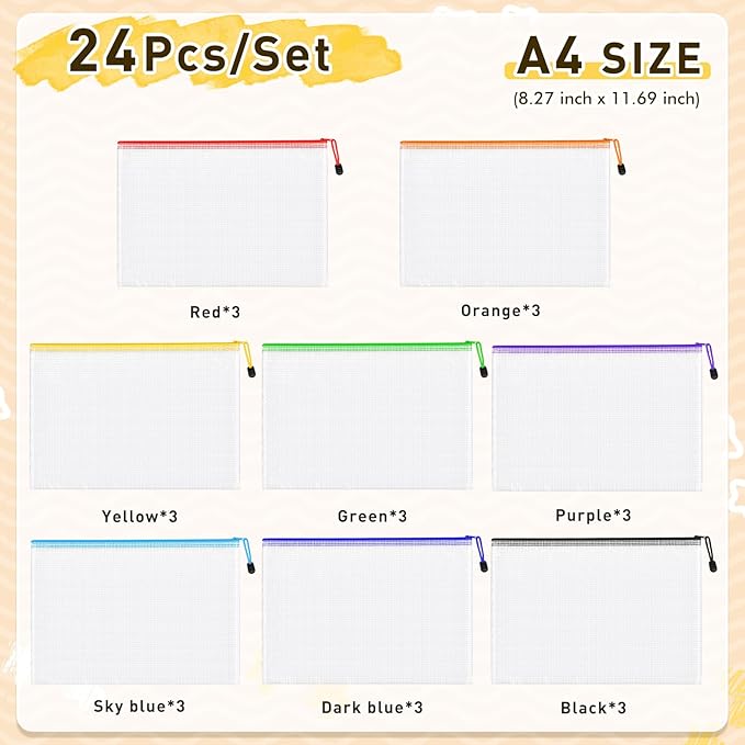 24pcs Mesh Zipper Pouch Bags, A4 Letter Size 8 Colors Zipper Bags for Classroom Organizing, Clear Pouches with Zipper, Waterproof Mesh Bags for Office School Supplies, Home Organize, Travel Storage