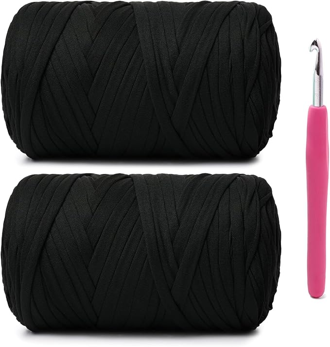 2 Pack Soft Tshirt Crochet Yarn, 800g/228yds High Elastic Hand Knitting Yarns, Thick T Shirt Yarn for Crocheting Bags, Baskets, Cushions, DIY Crafts (Black + Black