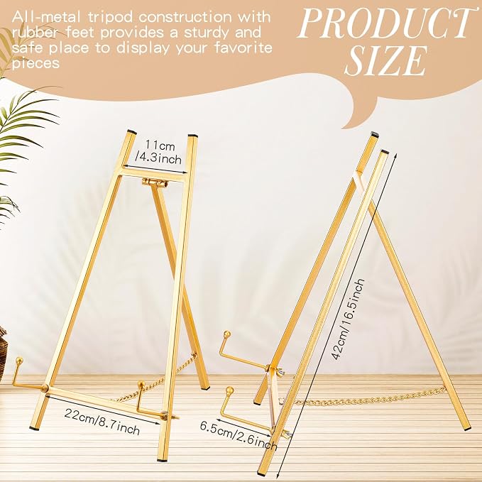 Leinuosen 2 Pcs Metal Easel Stand 16.5" H x 8.7" W x 4.3" D Table Top Easel Stand for Display Tripod Art Picture Mirror Modern Plate Holder for Display Book Photo Wedding Sign (Gold)