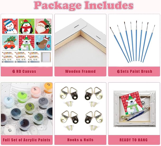 MXCFZX 6 Pcs Easy Christmas Paint by Numbers Kit Kids/Adults Framed 8x8in | Christmas Acrylic Paint by Numbers on Canva,Santa Oil Painting with Brushes,Beginners Paint-by-Number Kit for Home Wall Decor