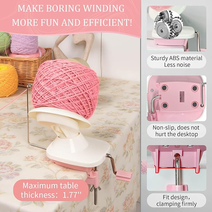 SPEENSUN Yarn Winder and Swift Combo, 3.5OZ Cake Maker & Umbrella Set, Pink | Easy Install Knitting Spinner, Turns Hanks into Tidy Skeins, Adjustable Multi-Angle Design, Fits Below Size 5