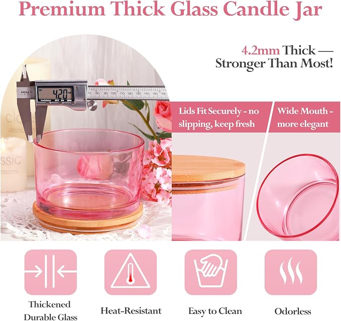 CONNOO 6 Pack 24oz Pink Glass Candle Jars with Airtight Bamboo Lids