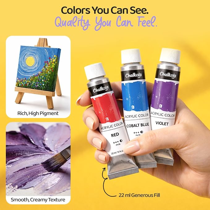 Chalkola Acrylic Paint Set for Adults & Kids - 56 Pcs Canvas Painting Kit with 32 Paints (22ml), 10 Brushes, 10 Canvases, Tabletop Easel, Palette, Knife - Professional Craft & Art Painting Supplies | 32 Acrylic Paints (22ml), 10 Brushes, 10 Canvases, T...