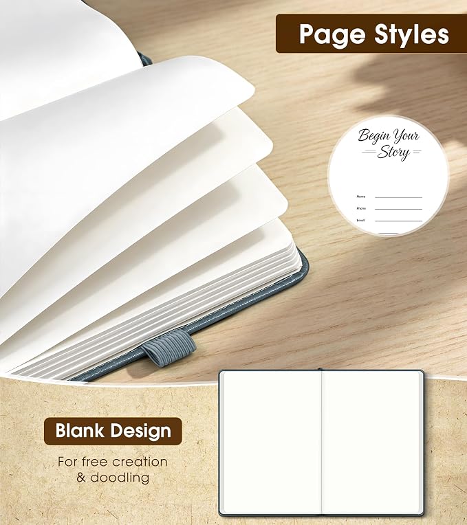 Journal Notebook, A5 Leather Hardcover Blank Sketchbook, 160 Pages, 180° Lay-Flat Binding, 100 GSM Thick Paper, for Sketching, Drawing, Art Journaling & Creative Writing (DustyBlue)