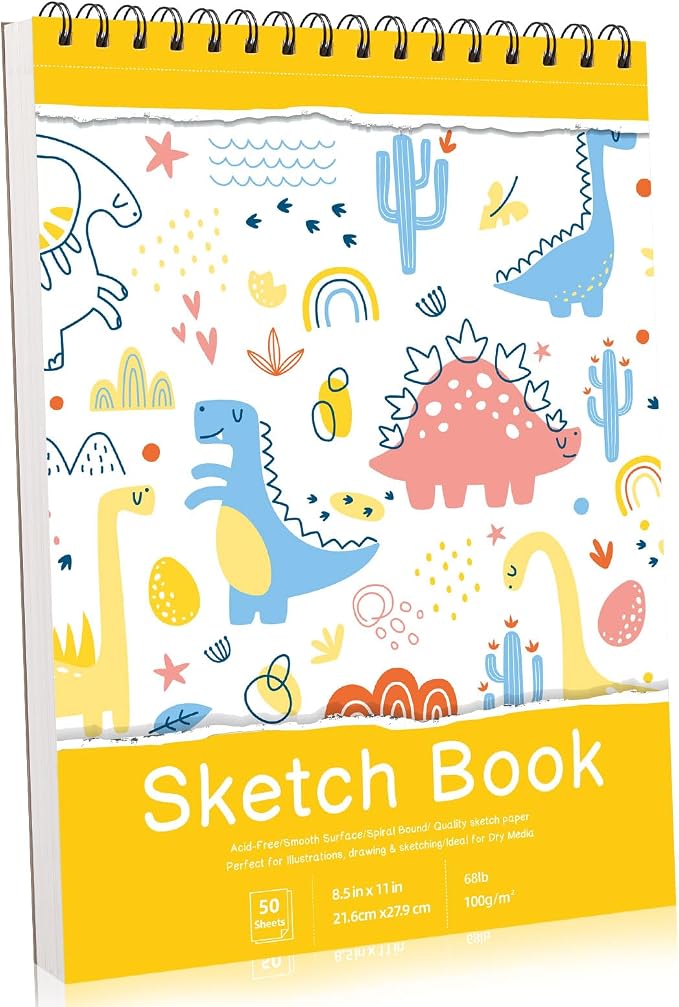 8.5 × 11 Sketch Book for Kids, 50 Sheets, Spiral Acid-Free Drawing Pad | 68lb/100gsm Paper, Perforated Pages, 360° Spiral Binding, Hard Back Cover, for Pencil, Charcoal, Pastel & Crayon